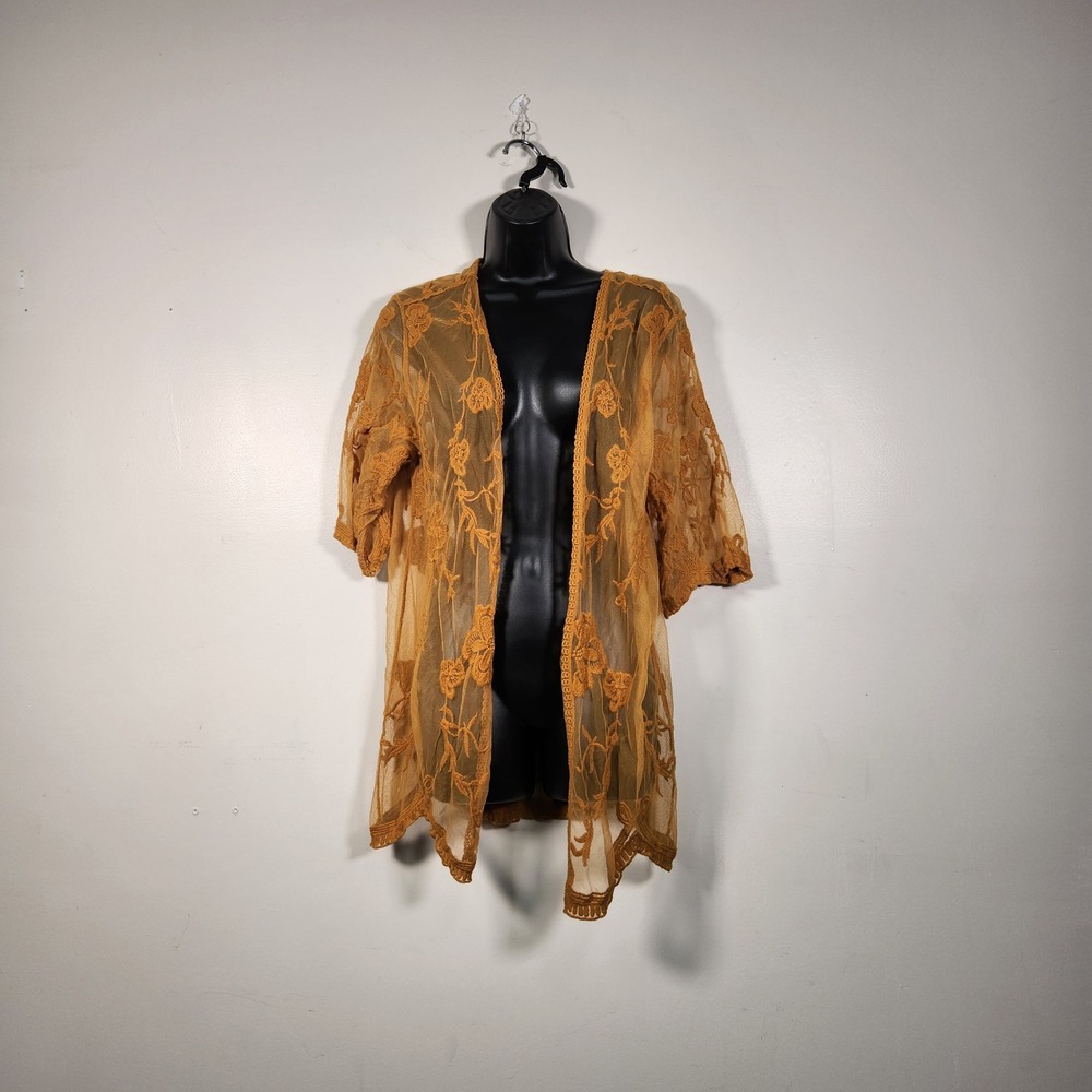MAURICES Kimono Cardigan Womens S/M Mustard Yellow Floral Lace Mesh Boho Shrug